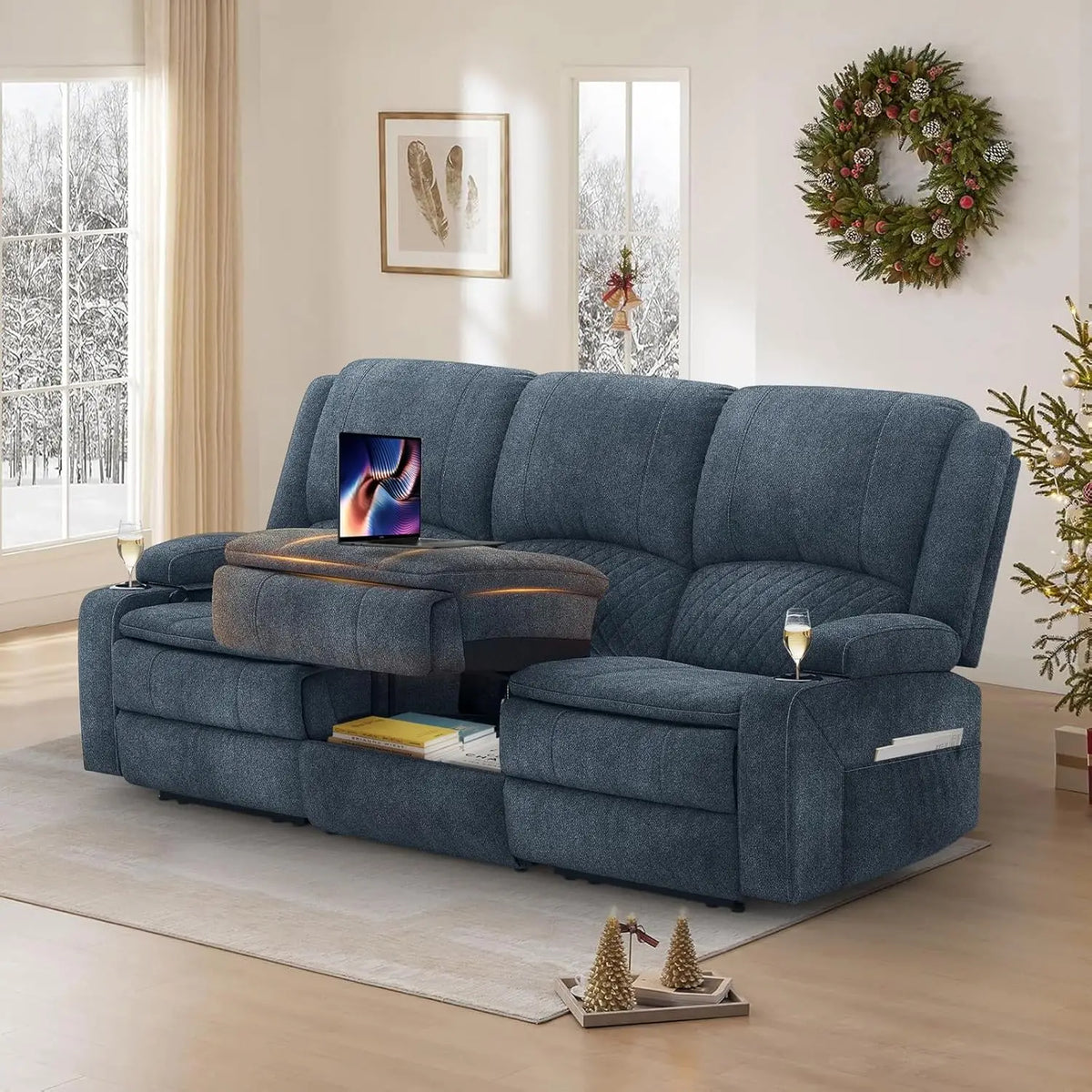 3 Seat Recliner Sofa with Console, Armrest, PU Leather, Cup Holders, USB Ports, Living Room/RV, Customized