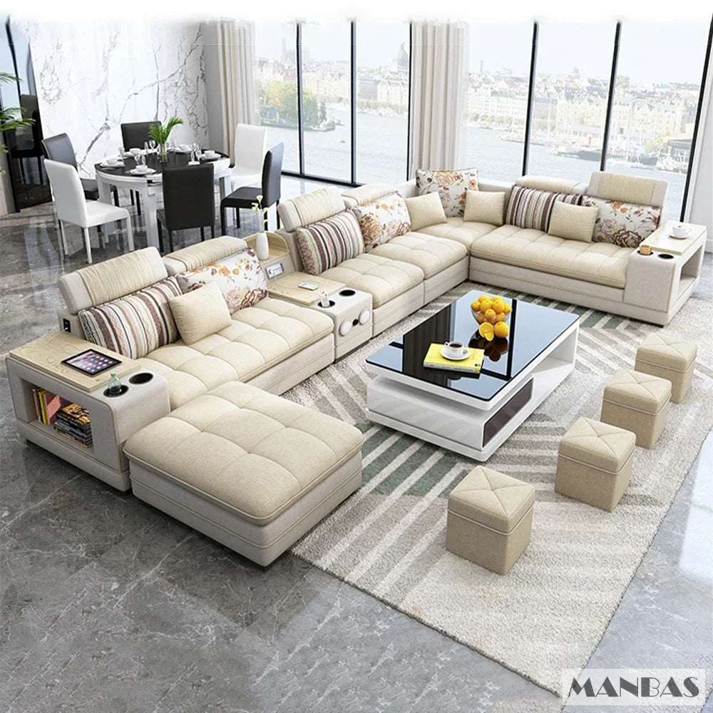 MANBAS Modern U-Shaped Fabric Sectional Sofa Set with Storage, Cup Holders, Speaker, USB, Bookshelf and Stools for Living Room