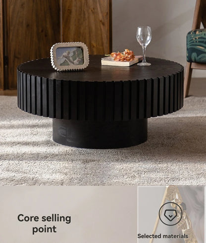 SS Modern Wooden Coffee Table Round Black With Solid Wood Veneered, Circle Center Table Accent Tea Table For Living Room Apartme