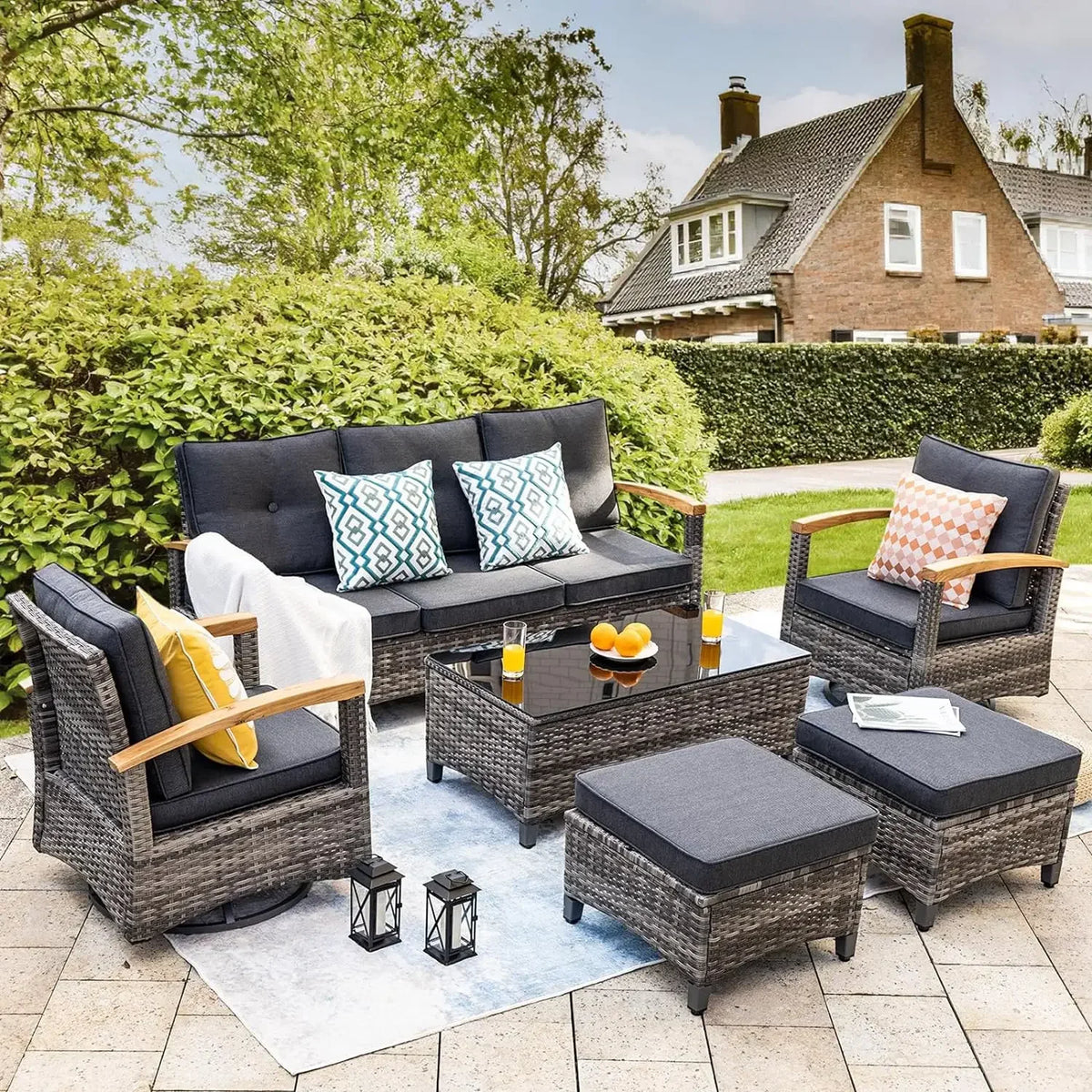 A  6 Pieces Outdoor Rattan Furniture Sets with 2 Wood Armrests Swivel Rocker Chairs, 2 Ottoman, 3-Seat Sofa and Coffee Table