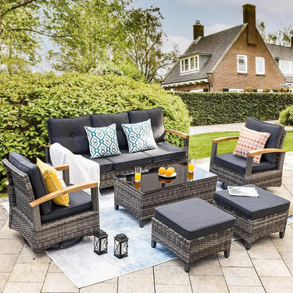 A  6 Pieces Outdoor Rattan Furniture Sets with 2 Wood Armrests Swivel Rocker Chairs, 2 Ottoman, 3-Seat Sofa and Coffee Table