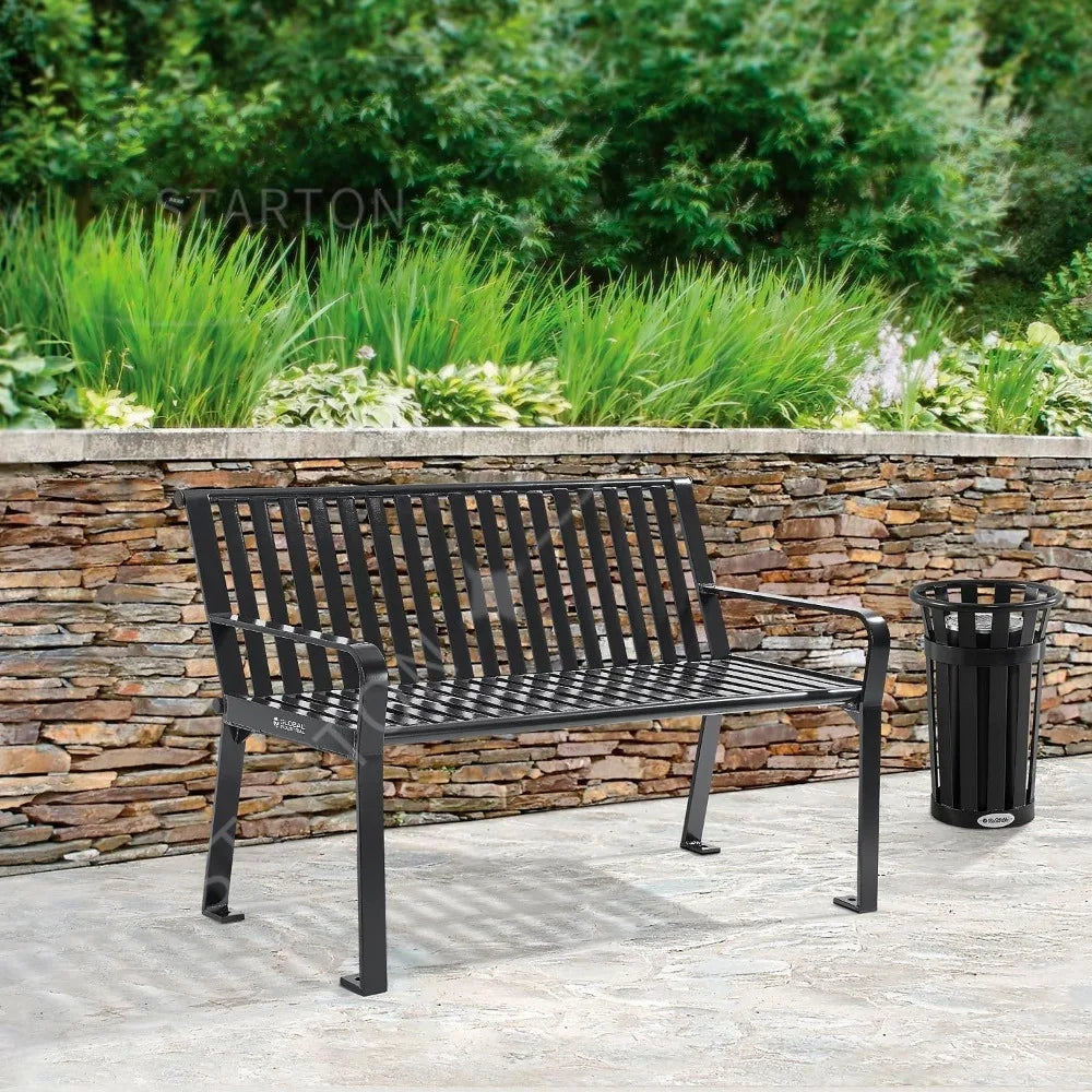 Four Ft Outdoor Park Bench, With Back Vertical Steel, 600 Lbs Capacity Black, Unassembled Heavy Duty Commercial