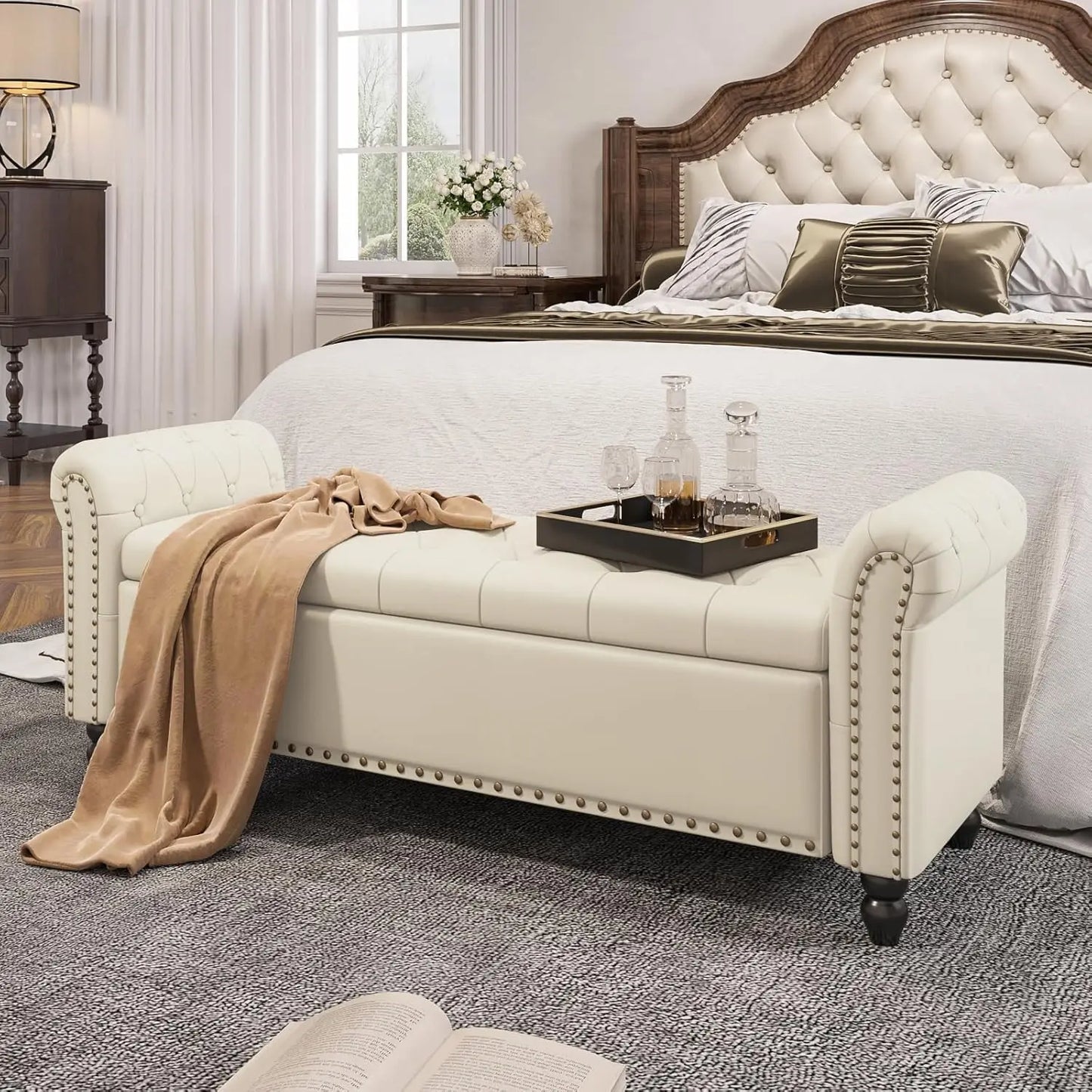 Modern 55" Faux Leather Storage Bench for Bedroom - End of Bed Bench with Lift-up Seat, Multi-Functional Footboard & Window Seat