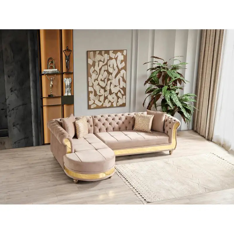 Taupe Tufted Upholstery Sectional Sofa with Wood Frame