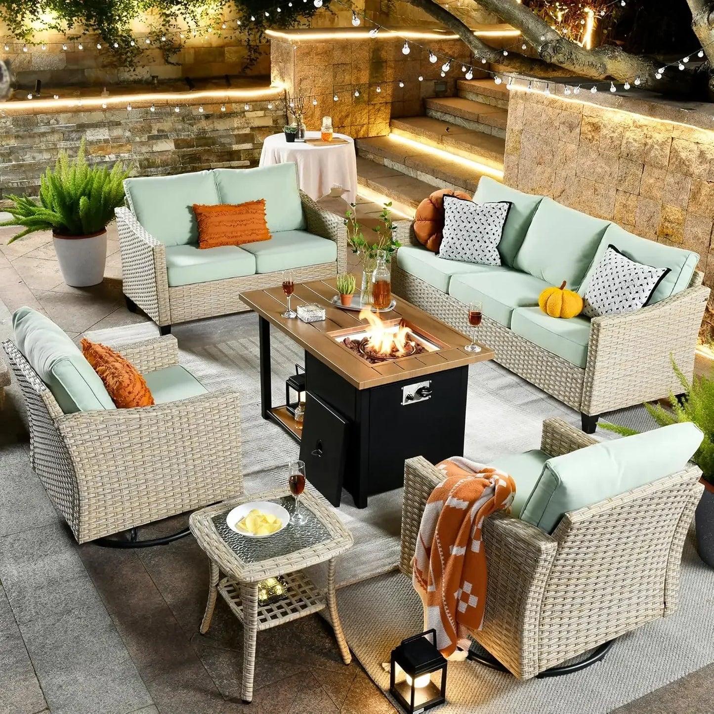 Patio FurnitureAll Weather Wicker Outdoor Sofa with High Back Swivel Rocker ChairsConversation Set Fire Pit,Light Rattan Cushion