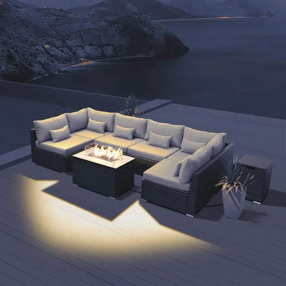 Fire Table Set Sectional Outdoor Furniture Propane Firepit Dark Brown Rattan Outdoor Sofa Set (with a rectangular/square table)