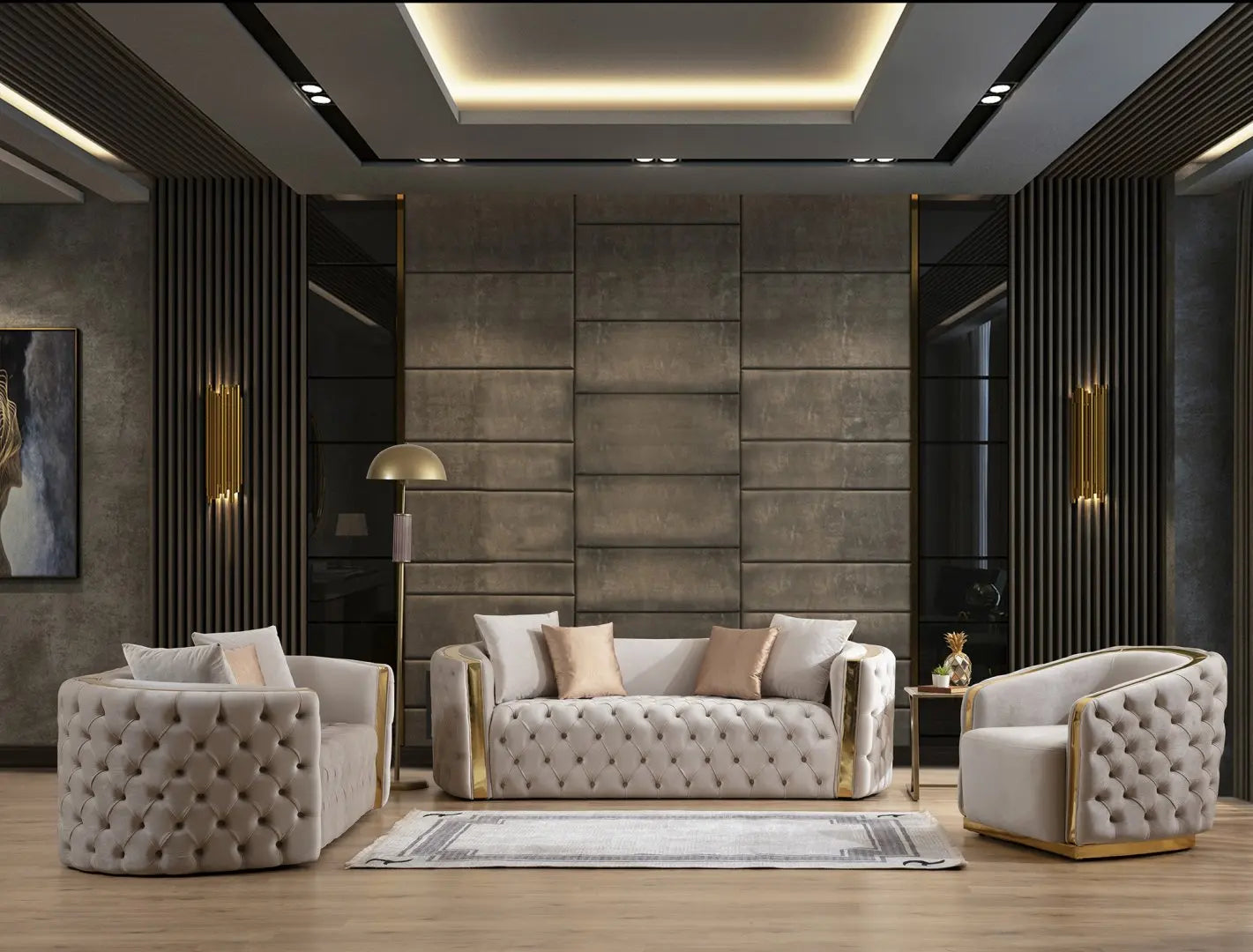 Newest Luxury Stainless Steel Living Room Sofa Set Button Design 2-3 Seater Velvet Couch for Home Hotel