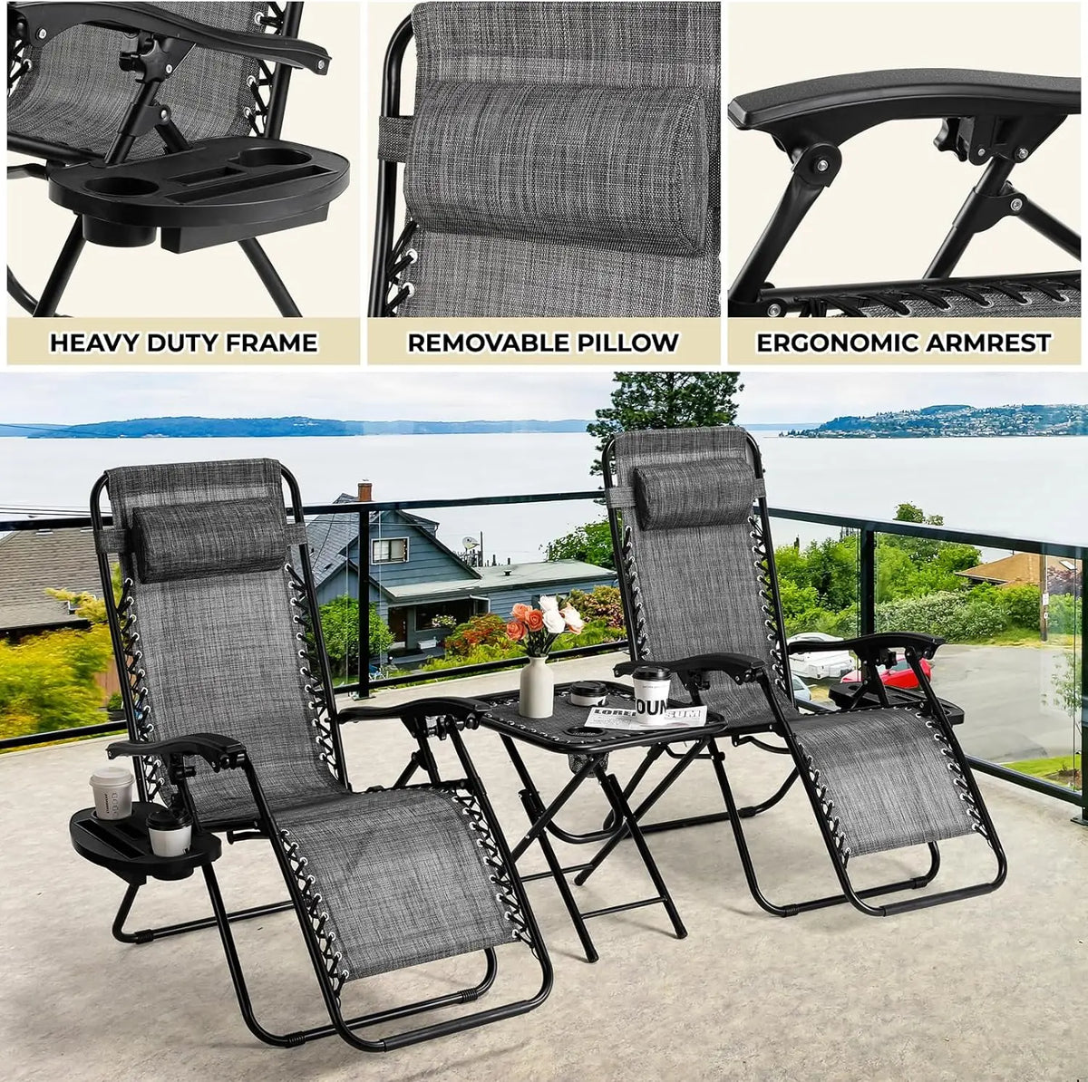 Homfa Garden Sun Lounger Set with Table Folding Adjustable Zero Gravity Recliner Chair Seat Indoor/Outdoor