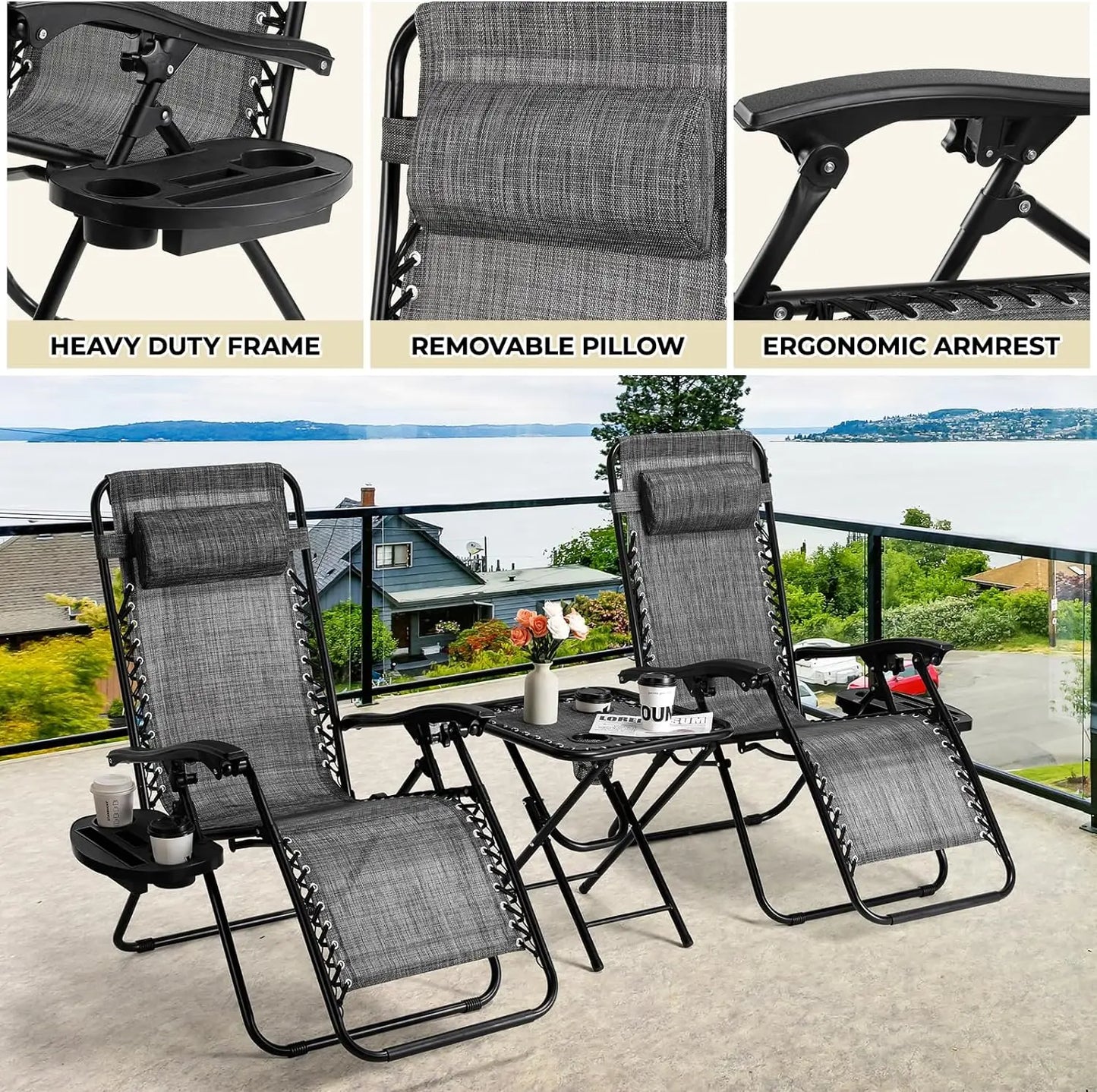 Homfa Garden Sun Lounger Set with Table Folding Adjustable Zero Gravity Recliner Chair Seat Indoor/Outdoor