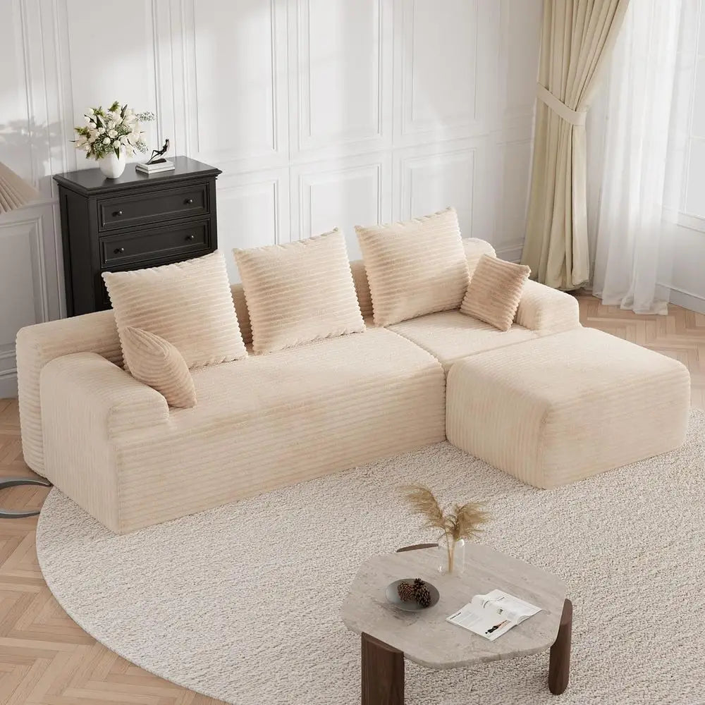 Boneless Couch, Cloud Couch Sectional, 106" L-Shape Modular Sectional Sofa with Ottoman, Corduroy Sofa for Living Room, Bedroom