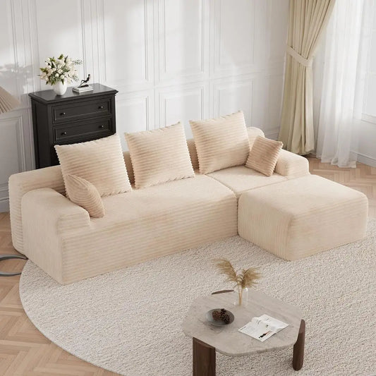 Boneless Couch, Cloud Couch Sectional, 106" L-Shape Modular Sectional Sofa with Ottoman, Corduroy Sofa for Living Room, Bedroom