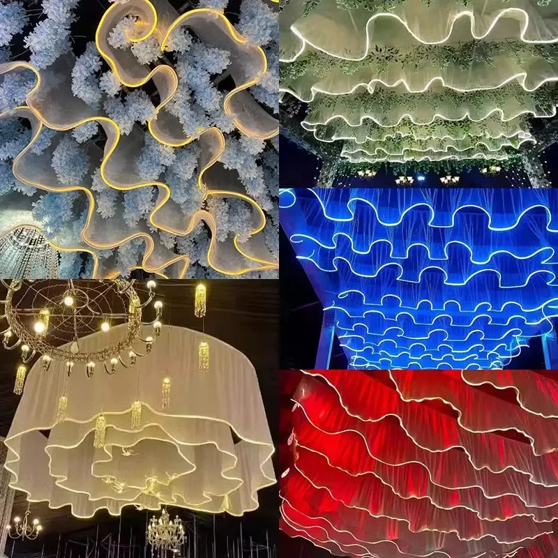 Glowing Curtain for Wedding Ceiling Decor, White Wave Tulle Fabric with Lights, Romantic Party Christmas Event Decoration