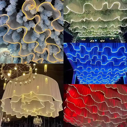 Glowing Curtain for Wedding Ceiling Decor, White Wave Tulle Fabric with Lights, Romantic Party Christmas Event Decoration