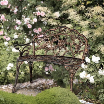 38.5" Patio Park Garden Outdoor Metal Rose Bench, 2-Person Cast Iron Cast Aluminium Frame Antique Finish Chair,Accented Lawn Fro