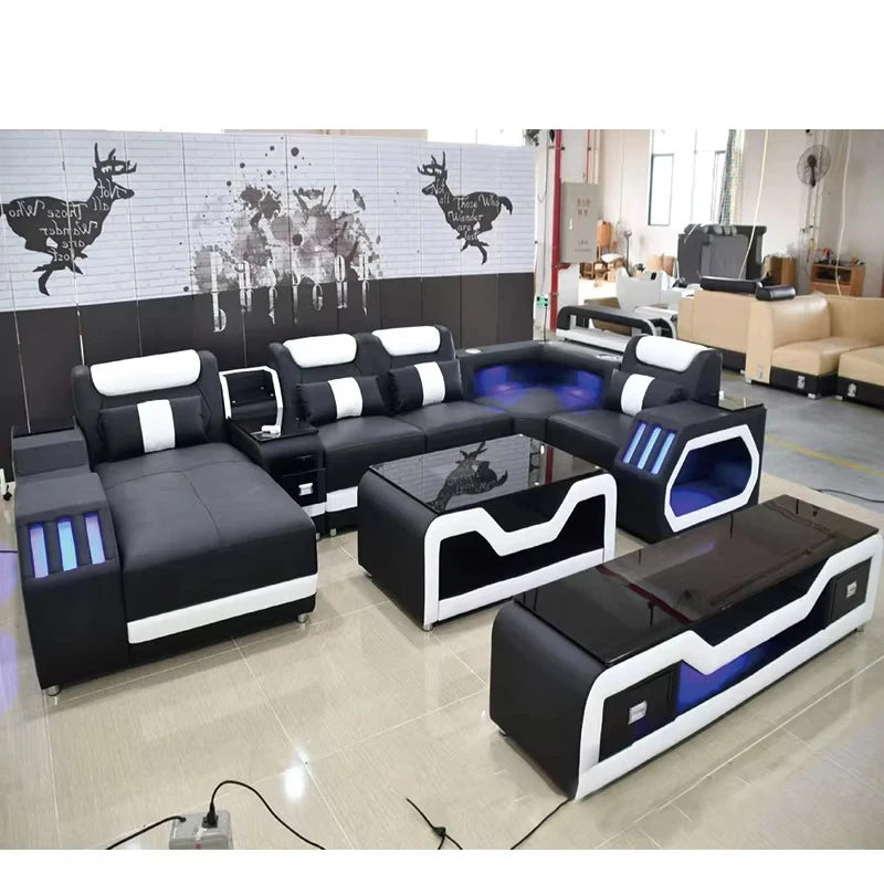 Modern Design Leather L Shape Sofa Set Living Room Home Furniture  Leather Sofa Set Usb Charge Sofa With Music Play