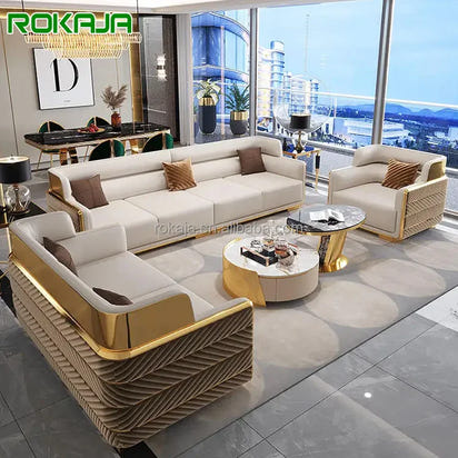 High-end combination sofa set Luxury gold stainless steel back Modern fabric Chesterfield 1 2 3 4-seat sofa Villa leisure