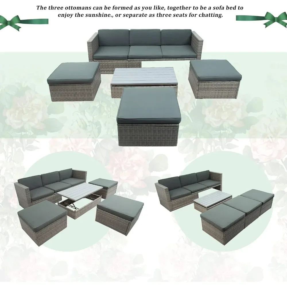 y 5-Piece Patio Furniture Sets with Adustable Backrest, Ottomans and Lift Top Coffee Table, All Weather Waterproof Wicker