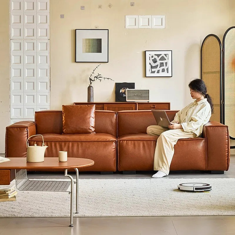 French Vintage Three-Person Genuine Leather Sofa Set in Ancient Caramel Tone for Small Living Rooms or Apartments