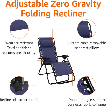 Outdoor Patio Zero Gravity Lounge Chair with Pillow, Folding Reclining Adjustable, Blue 26"