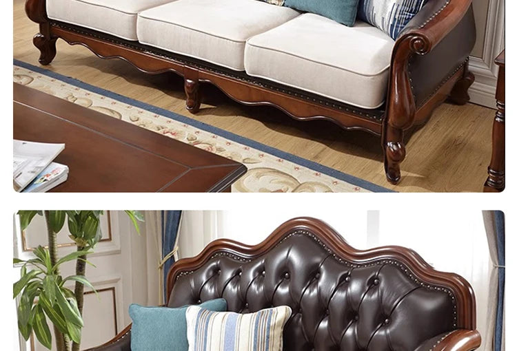 4*American all-solid wood leather sofa European double triple retro modern simple