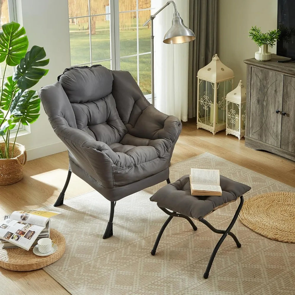 Fabric Lazy Chair with Foldable Ottoman, Accent Comfy Lounge Arm Chair and Folding Footrest Stool Set, Leisure Sofa Reading Cha