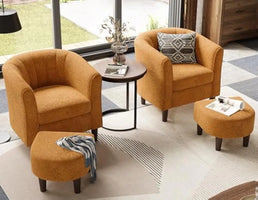 Ottoman Set of 2 - Chenille Accent Chair Mid-Century Modern Small Reading Chair Upholstered Armchair with Footrest  (Set of 2)