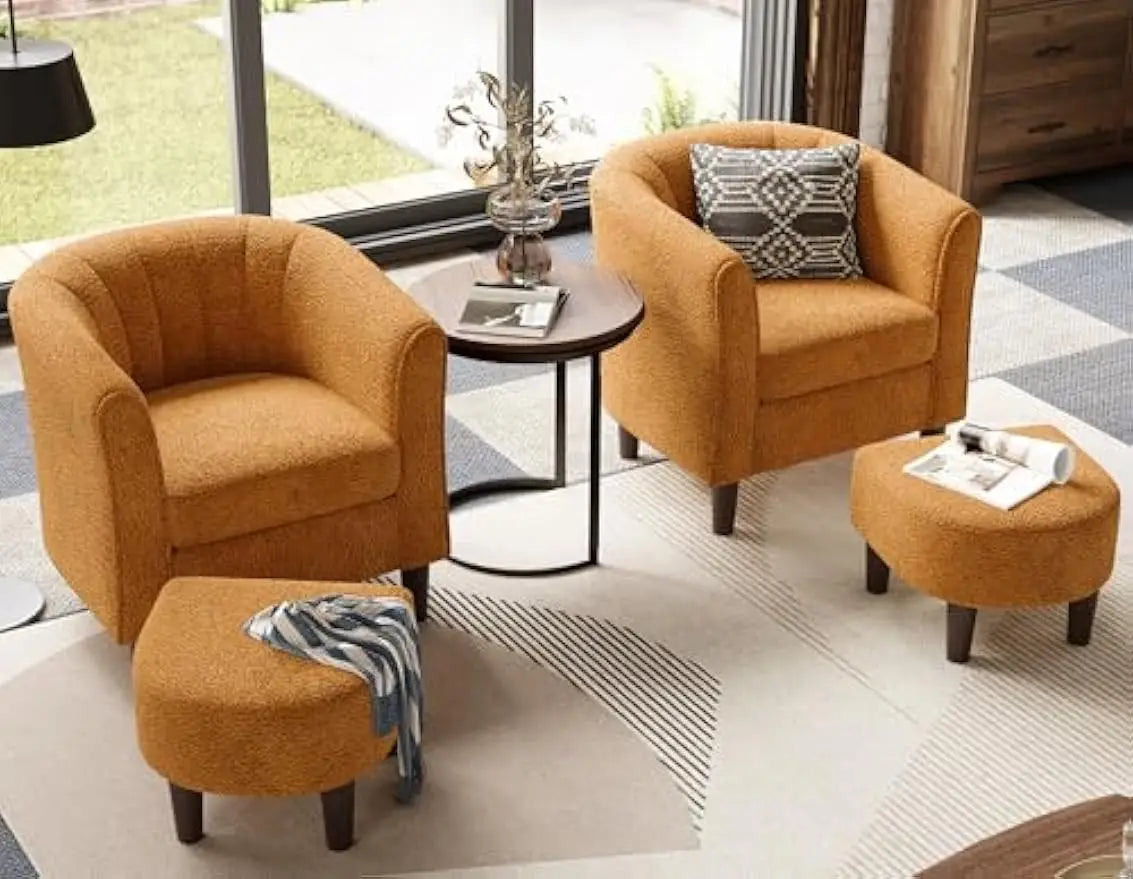 Ottoman Set of 2 - Chenille Accent Chair Mid-Century Modern Small Reading Chair Upholstered Armchair with Footrest  (Set of 2)