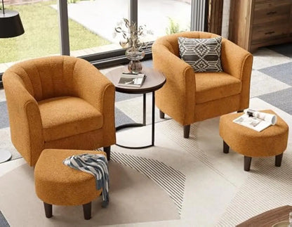 Ottoman Set of 2 - Chenille Accent Chair Mid-Century Modern Small Reading Chair Upholstered Armchair with Footrest  (Set of 2)
