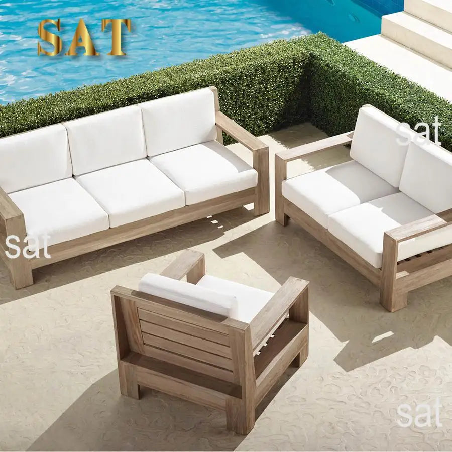 Waterproof Modern Weathered Wooden Sofa Set Home And Garden Teak Furniture Outdoor With Cushion
