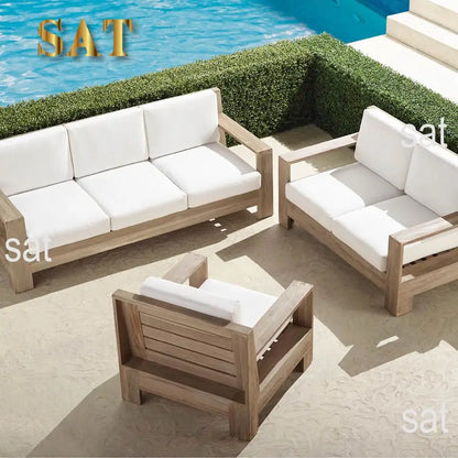 Waterproof Modern Weathered Wooden Sofa Set Home And Garden Teak Furniture Outdoor With Cushion