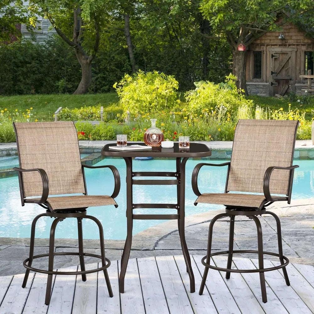 Patio Swivel Bar Stools Set of 2, All-Weather Outdoor High Bar Stools for Outdoor, Beach, Lawn, Poolside and Garden, Brown