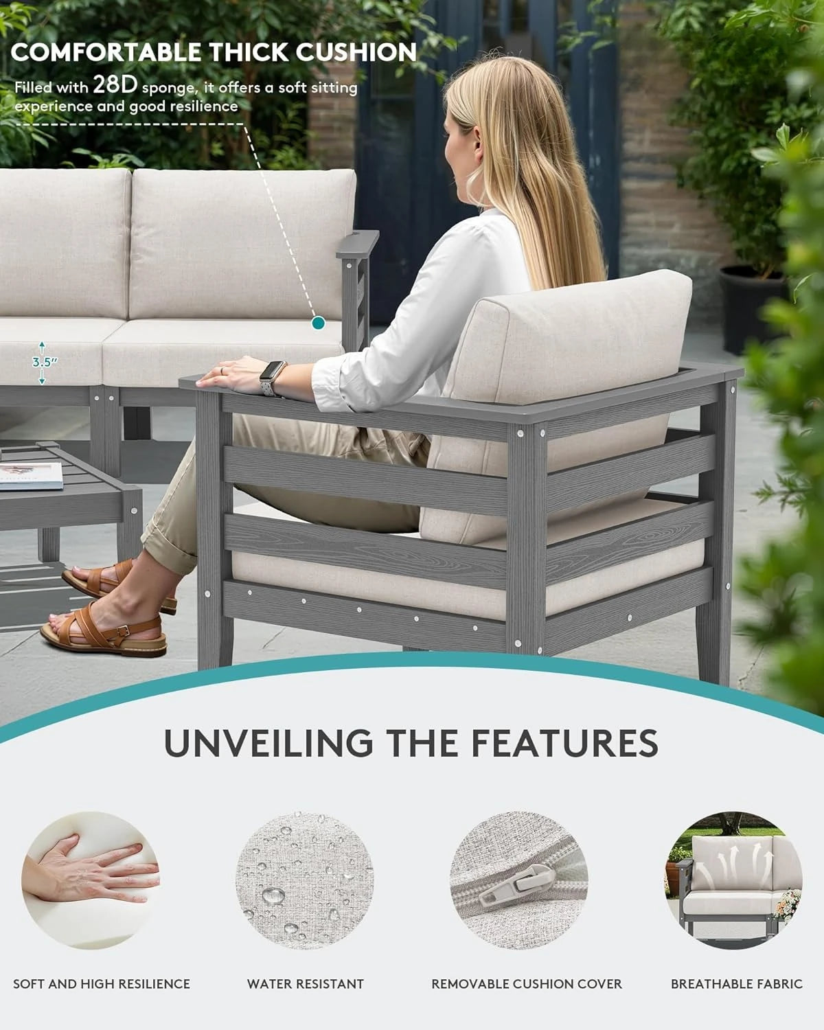 HDPE Patio Furniture Set, 6 Pieces Outdoor Sectional Sofa Set, All-Weather Wood-Like Outdoor Sofa Couch with Coffee Table for D