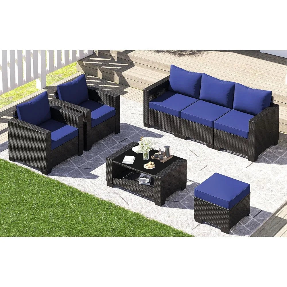7-piece outdoor patio set, rattan chairs, glass table, wicker sectional for conversation seating