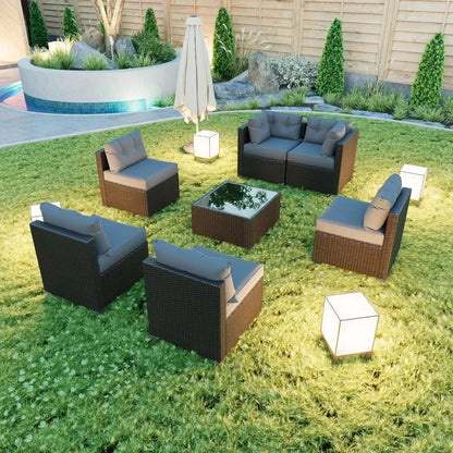 7 Pieces Patio Sofa Set Outdoor Furniture Sectional All-Weather Wicker Rattan with Back Cushions,Garden Sofa Conversation Grey