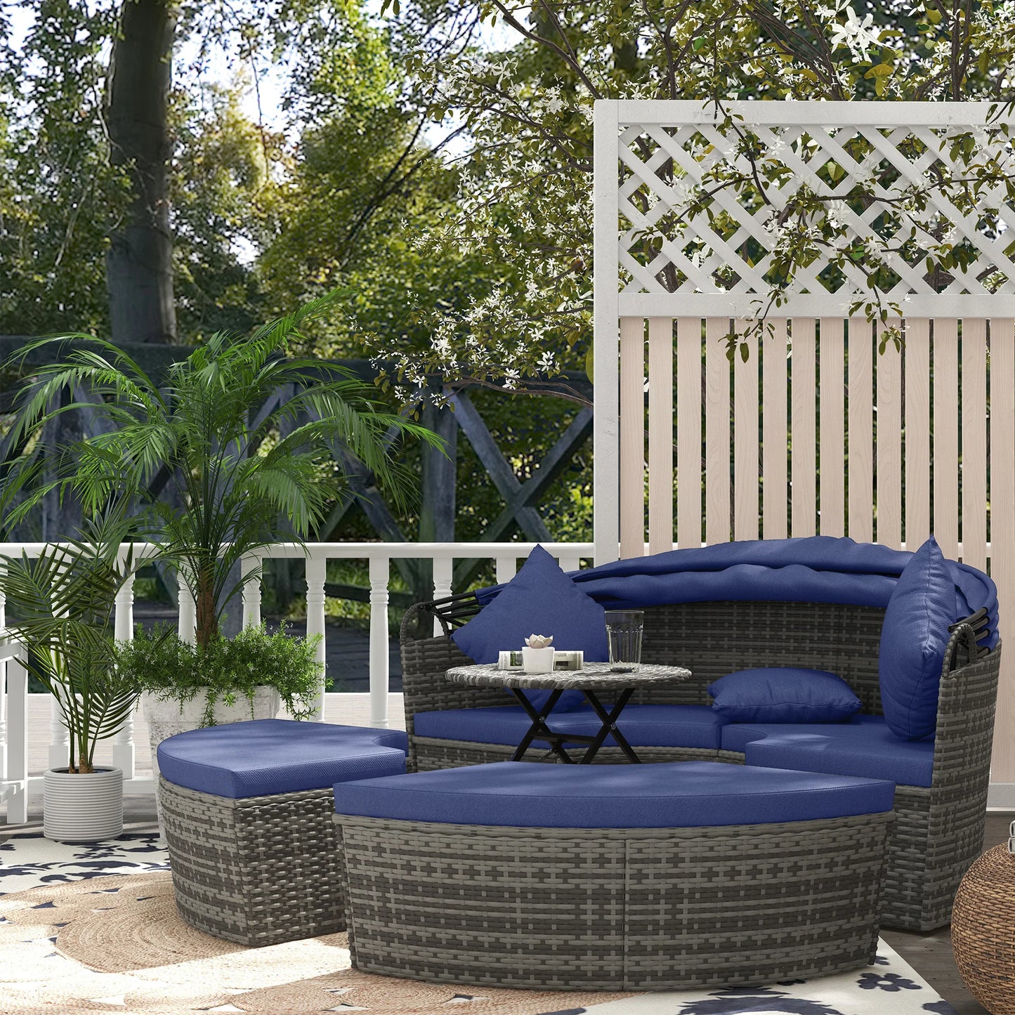4 Piece Round Rattan Daybed, Convertible Patio Furniture Set, Adjustable Sun Canopy, Sectional Outdoor Sofa, 2 Chairs