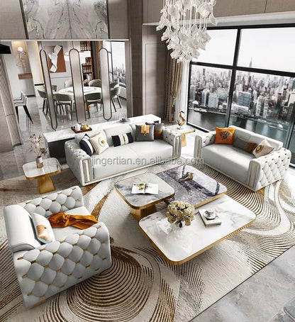 Italian light luxury sofa living room leather sofa first layer cowhide buckle design luxury combination sofa size apartment