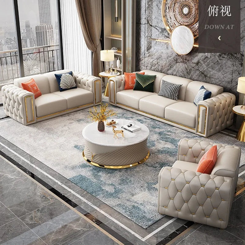Living room Italian light luxury sofa post-modern first-layer cowhide buckle luxury leather sofa combination