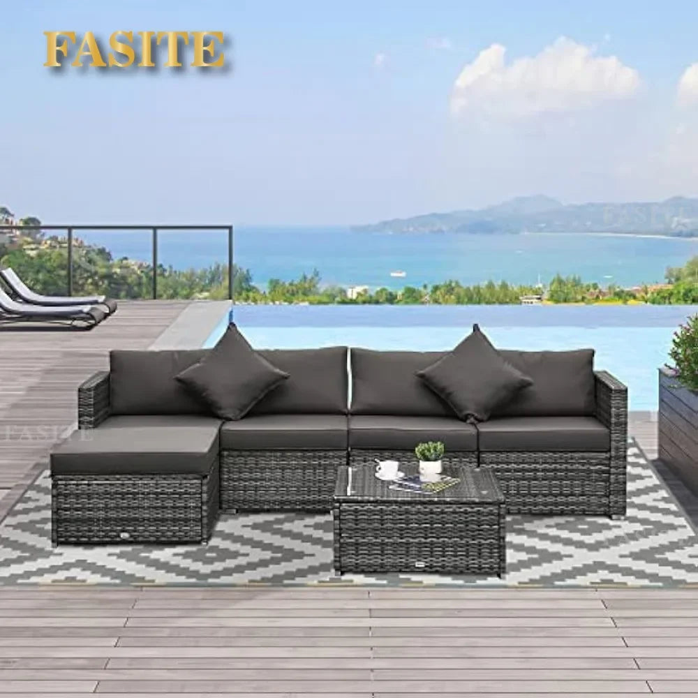 6 Piece Patio Furniture Set  Wicker All Weather PE Rattan Sectional Sofa Set, and Tempered Glass Table,Mixed Gray and Charcoal