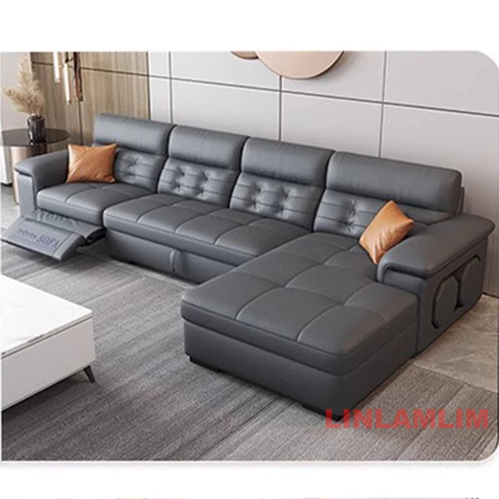MANBAS Sectional Sofa Bed with Storage, Genuine Leather Reclining Couch, Space-Saving Convertible Sleeper Sofa for Living Room