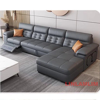 MANBAS Sectional Sofa Bed with Storage, Genuine Leather Reclining Couch, Space-Saving Convertible Sleeper Sofa for Living Room