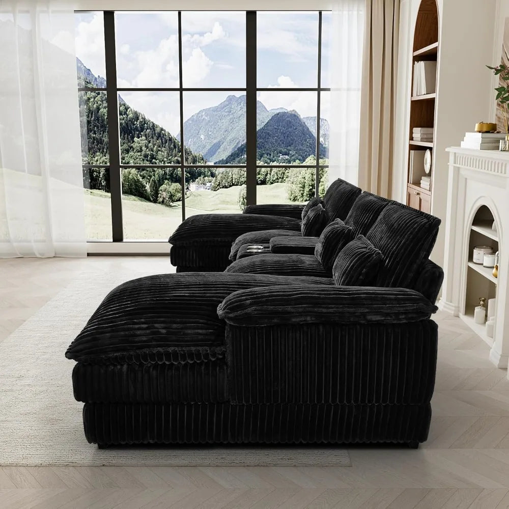 124" U Shaped Cloud Couch Sectional, Comfy Fluffy Plush Corduroy Black Sectional Couches for Living Room,Modern Modular Corduroy