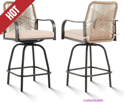 Outdoor Bar Stools Set of 2, Patio Swivel Counter Height Rattan Bar Stools, Patio Wicker Bar Swivel Chairs with Cushion