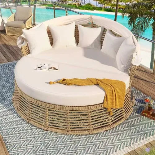 Outdoor terrace rattan circular sofa with retractable canopy, willow furniture circular poolside sofa with detachable cushion
