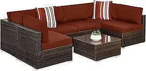 Seven Piece Modular Set, Outdoor Sectional Wicker Patio, Conversation With Two Pillows, Coffee Table Cover Included