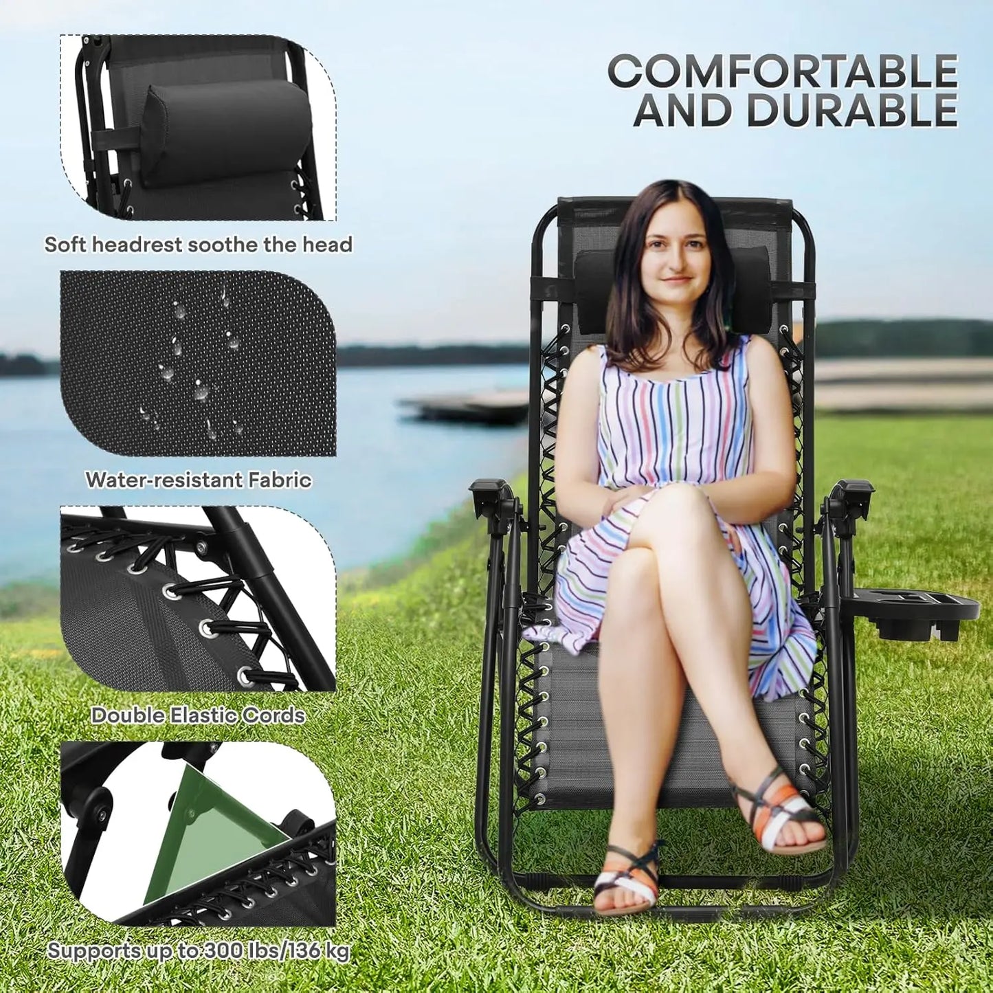 Zero Gravity Lounge Chair with Adjustable Pillow & Cup Holder, Reclining Outdoor Camping Chair for Beach Garden Patio - Black