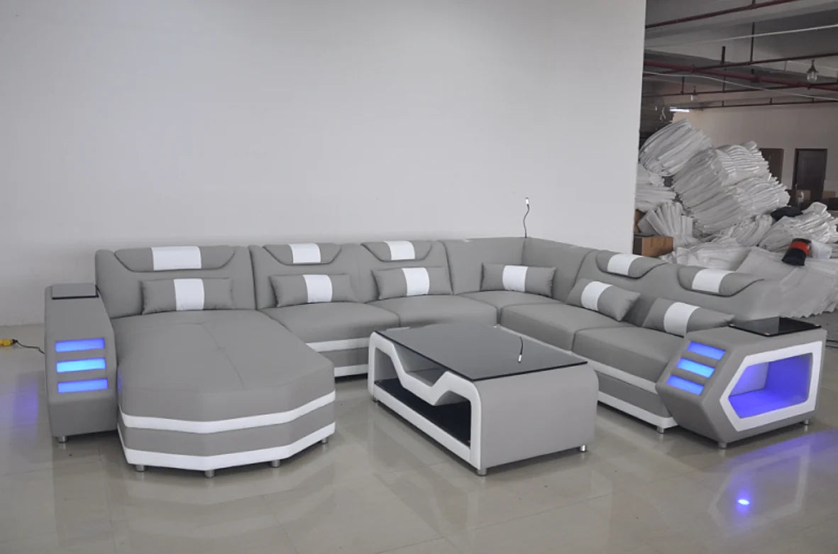 Luxury Italy Design Sectional Sofa Bed Modern LED Living Room Furniture Genuine Leather Sofas Sets