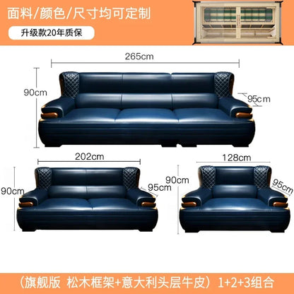 The first layer leather sofa high-grade villa solid wood high-end living room modern simple apartment blue Nordic style custom