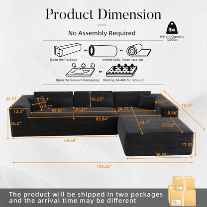 3-seater L-shaped Modular Sofa Black Corduroy Left Chaise Lounge Chair Couch