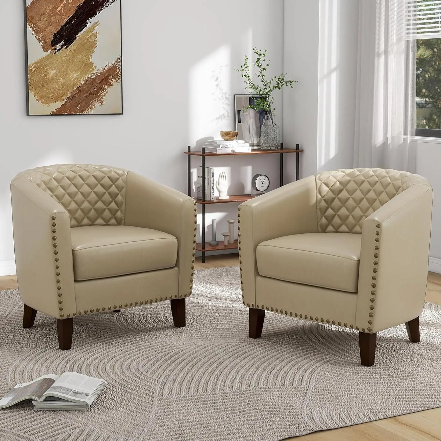 Faux Leather Barrel Accent Chairs Set of 4, Modern Club Arm Chair Comfy Upholstered Single Sofa Chair, Beige