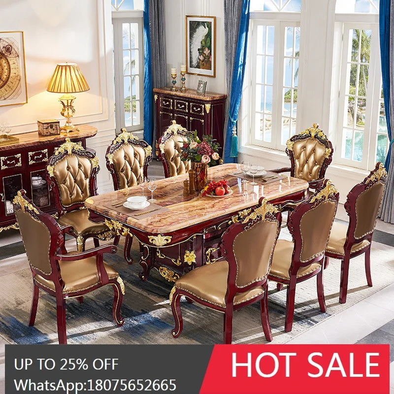 HLZ European Style Solid Wood Dining Table with Marble Top for Home Use, Villa Large Dining Table and Chair Set